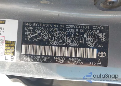 2004 Toyota Prius из США, поврежденный, VIN JTDKB22U040045556